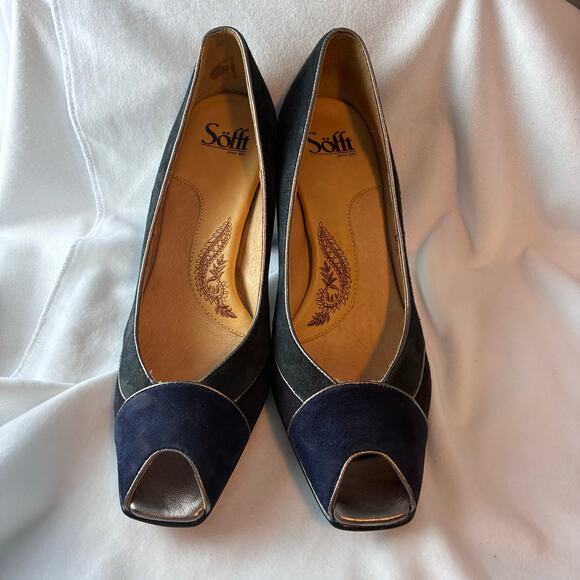 Sofft Black Suede Pumps Peep Toe Comfort Colorblock Heels Size 10M Jewel Tones - Picture 2 of 11